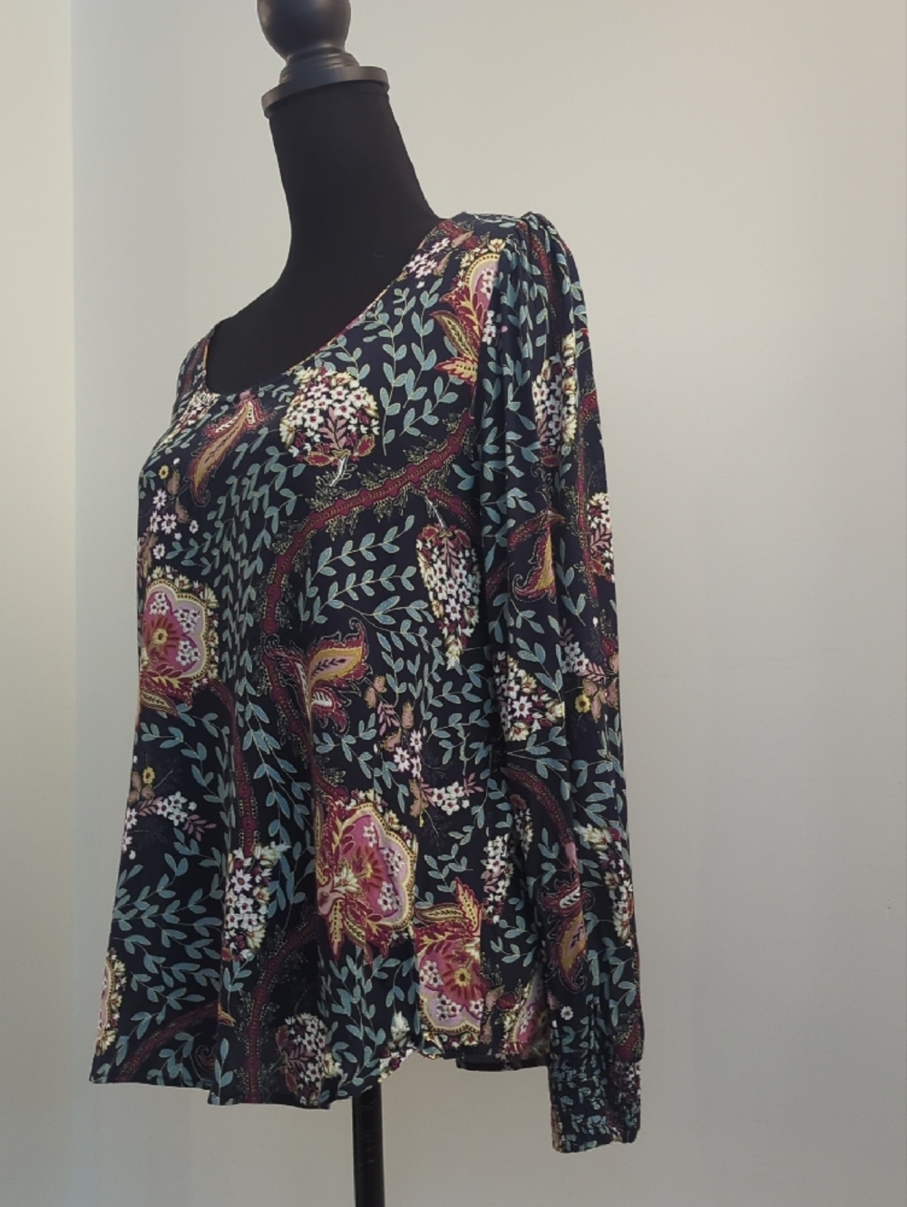 LOFT Dark Blue Paisley Floral Scoop Neck Long Sleeve Top with Pink & Teal - Picture 3 of 7